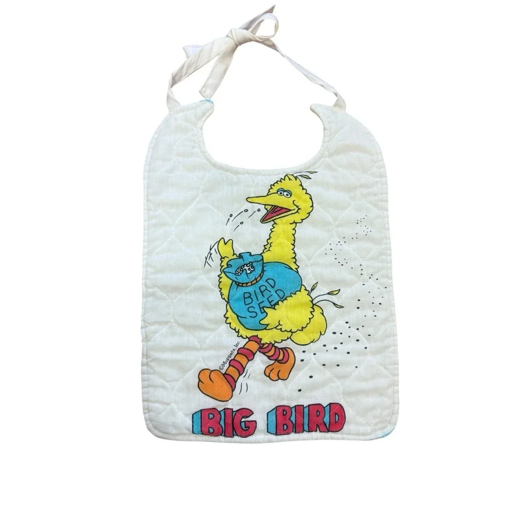 Vtg Muppets Baby Bibs Set Of 2 Bert Ernie Big Bird Sesame Street Cotton Neck Tie